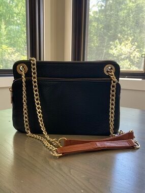 Classic Black Italian Leather Crossbody Bag with Gold Chain